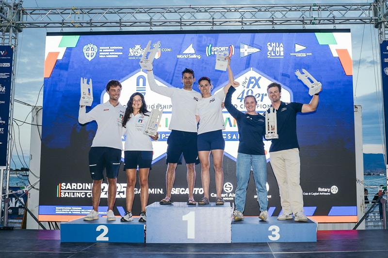 Nacra 17 Podium (left to right) Silver to Gianluigi Ugolini (ITA), Gold to John Gimson and Anna Burnet (GBR), Bronze to Willemijn Offerman and Scipio Houtman (NED) - 49er & 49erFX and Nacra 17 World Championships, day 6 - photo © Sailing Energy