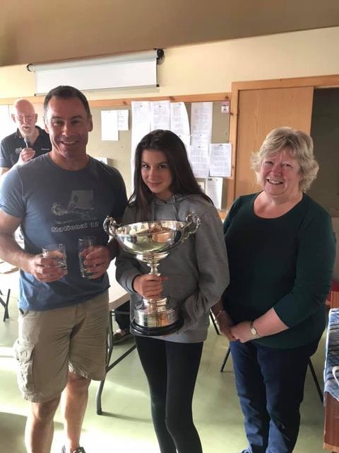 Mark and Anna Simpson, winners of the Scottish Daily Express National 12 Championship trophy , presented by Jacquie Tosh, wife of Club Commodore Lindsay during the Solway Yacht Club Championship weekend photo copyright Anne-Marie Williams taken at Solway Yacht Club and featuring the National 12 class