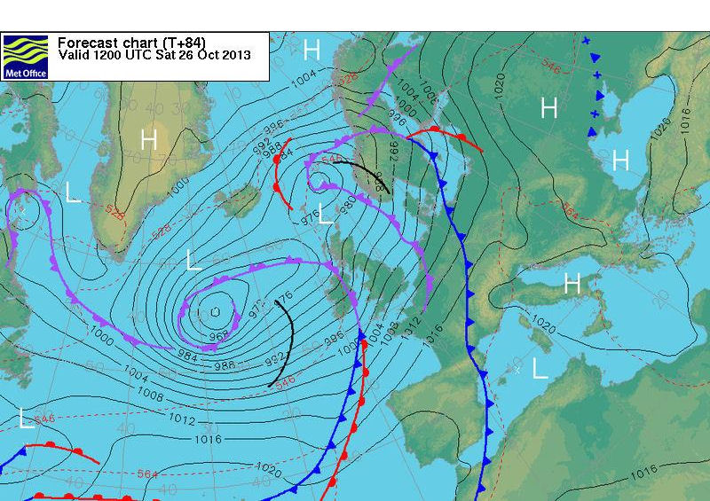 The surface pressure chart for midday Saturday shows the low pressure system deepening in the Atlantic photo copyright www.metoffice.gov.uk taken at  and featuring the  class