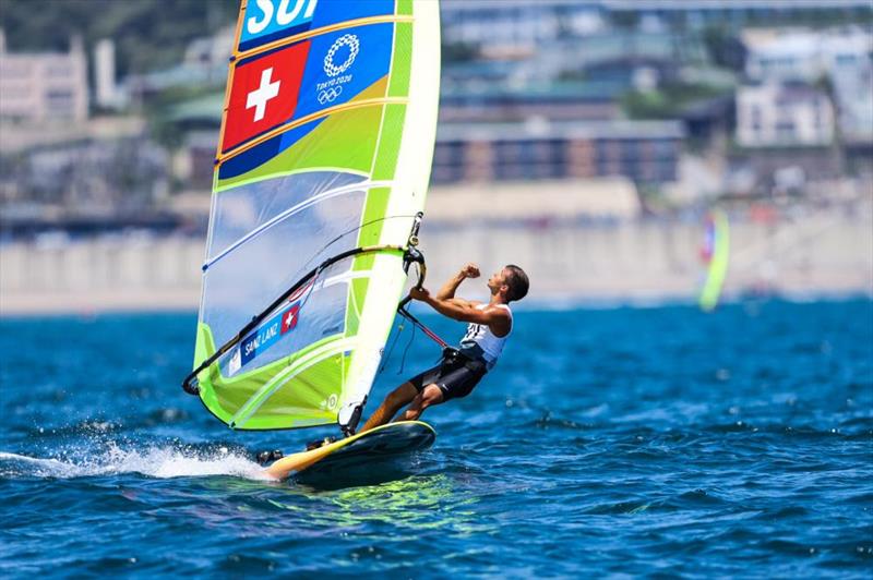 Mateo Sanz Lanz (SUI) in the Men's RS:X on Tokyo 2020 Olympic Sailing Competition Day 1 photo copyright Sailing Energy / World Sailing taken at  and featuring the RS:X class