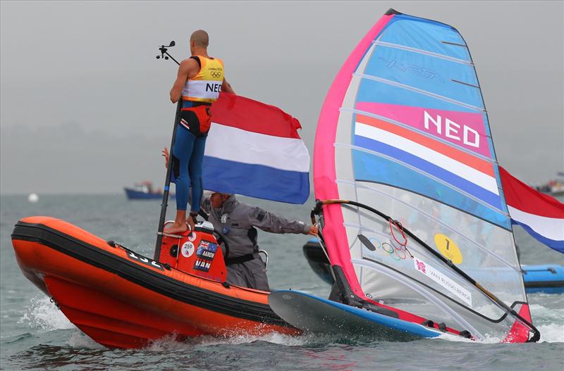 RS:X Gold for Dorian Van Rijsselberge (NED) at the London 2012 Olympic Sailing Competition photo copyright Richard Langdon / Ocean Images taken at Weymouth & Portland National Sailing Academy and featuring the RS:X class