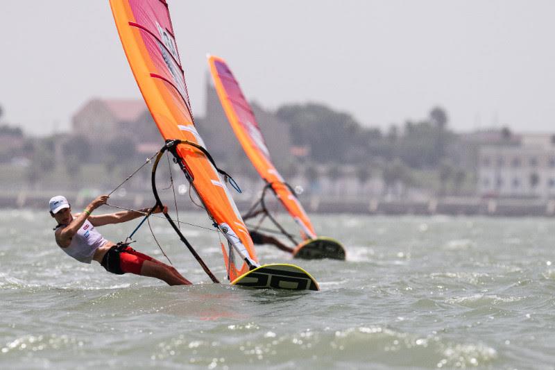 Geronimo Nores won all three races in the Boys' RS:X Class on Day 1 of the 2018 World Sailing Youth Worlds photo copyright Jen Edney / World Sailing taken at Corpus Christi Yacht Club and featuring the RS:X class