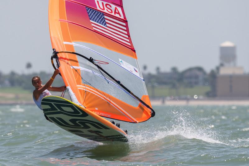 Dominique Stater catches some air in the Girls' RS:X Class - photo © Jen Edney / World Sailing