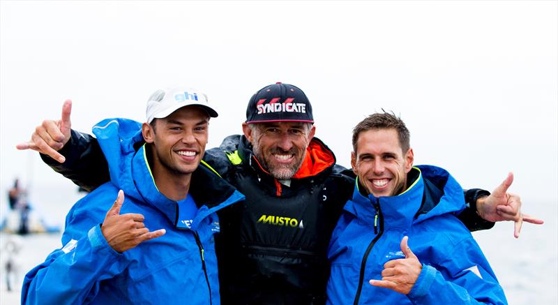 Dorian van Rijsselberghe (NED), coach Aaron McIntosh (NZL) and Kiran Badloe (NED) - RS:X - Gold and Silver medalists - Hempel Sailing World Championships, Aarhus, Denmark, August 2018 - photo © Sailing Energy / World Sailing