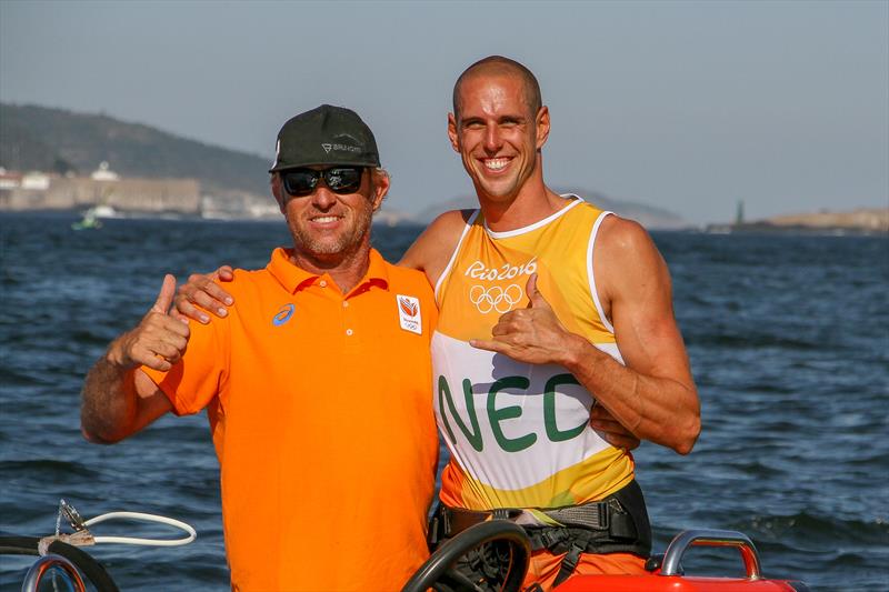 Aaron McIntosh and Dorian van Rijsselberghe after winning the RS:X Mens Gold Medal, Rio Olympics, August 2016 photo copyright Richard Gladwell taken at Iate Clube do Rio de Janeiro and featuring the RS:X class