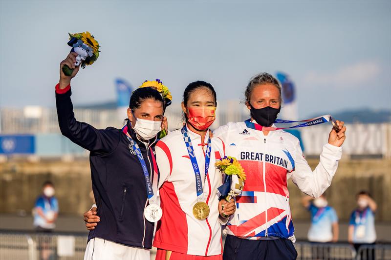 Yunxiu Lu (CHN) gold, Charline Picon (FRA) silver and Emma Wilson (GBR) bronze - Women's windsurfer podium at the Tokyo 2020 Olympic Sailing Competition photo copyright Sailing Energy / World Sailing taken at  and featuring the RS:X class