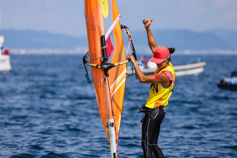 Yunxiu Lu (CHN) wins gold in the women's windsurfer at the Tokyo 2020 Olympic Sailing Competition photo copyright Sailing Energy / World Sailing taken at  and featuring the RS:X class