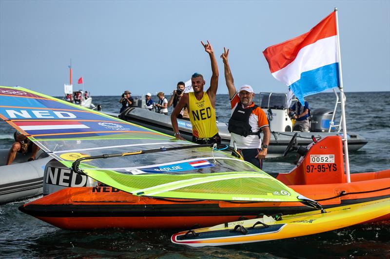 Kiran Badloe (NED) and coach Aaron McIntosh (NZL) - Tokyo2020 - Day 7- July, 31, - - Enoshima, Japan photo copyright Richard Gladwell - Sail-World.com/nz taken at  and featuring the RS:X class