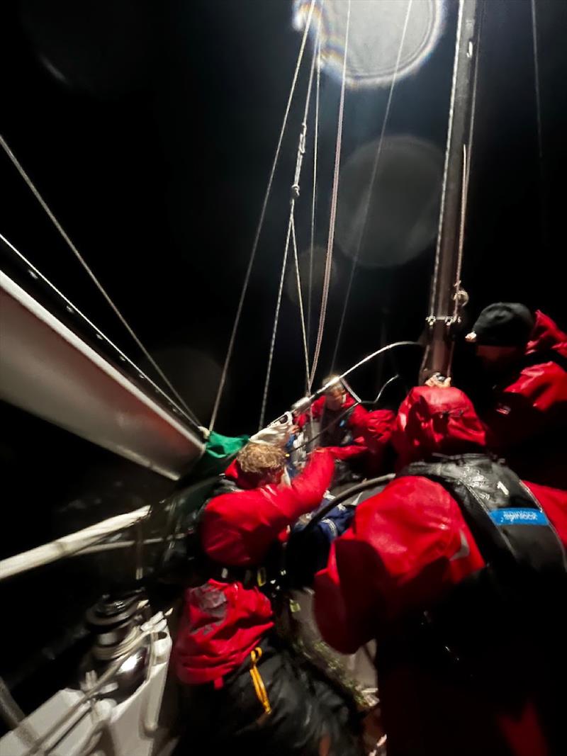Despite seasickness and furious winds, Galiana WithSecure FI (06) crew managed to pull the rigging back on board, and still smile. (OGR2023 Adventure Class) photo copyright Mauri De Meulder / Galiana WithSecure taken at  and featuring the Ocean Globe Race class