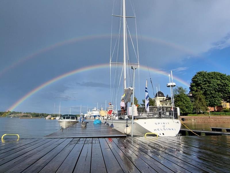 A rainy sendoff for the crew of Spirit of Helsinki FI (71), now enroute to race start - photo © OGR2023 / Team Spirit of Helsinki