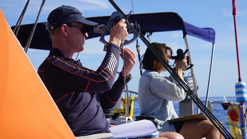 Fergus and Melissa practicing sun sights. Sextants and paper charts, a big part of the game throughout the race. OGR 2023 Adventure Class  photo copyright Sterna (AllSpice Yachting) taken at  and featuring the Ocean Globe Race class