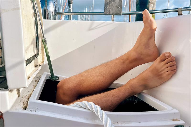 Having youth on your side helps when you're required for those ‘special jobs'. Cameron's 23-year-old feet. He's sailing home to Cape Town and the Royal Cape Yacht Club on leg one - Ocean Globe Race - photo © Terry Kavanagh / OGR 2023 Explorer