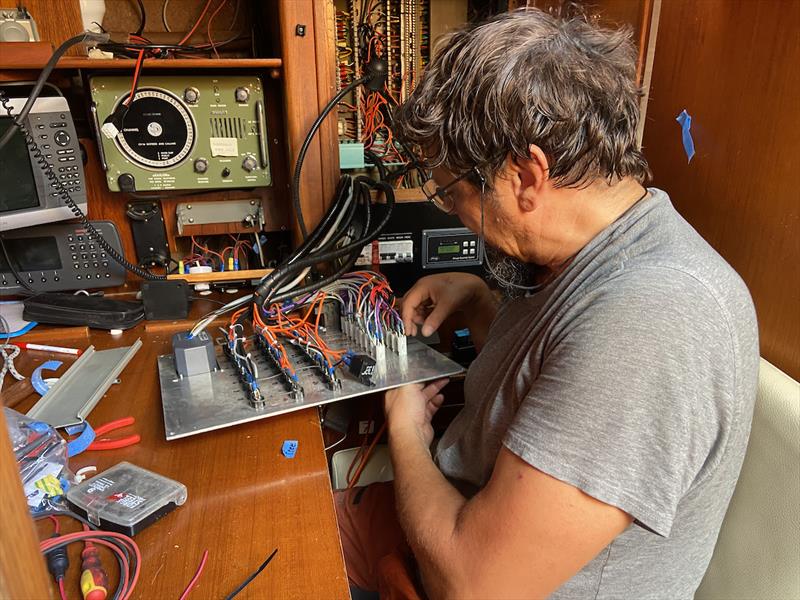 After day eight of the Explorer's frantic electrical refit Electronic Engineer Stefan Weigel, former manager of GGR entrant Michael Gugg, began to question his life choices, but was happy to lend a hand! - Ocean Globe Race - photo © Peter De Laet / OGR 2023 Explorer