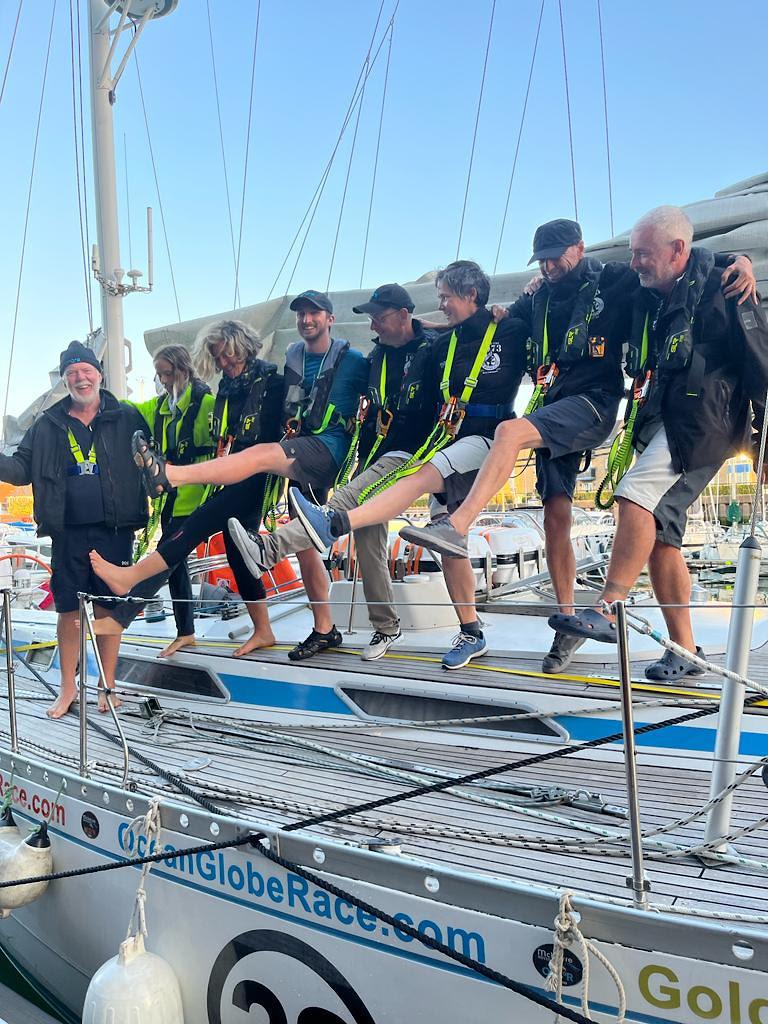 McIntyre OCEAN GLOBE 2023 – Time for a little celebration dance on arrival to MDL Ocean Village for the crew of Explorer AU (28). The Swan 57 is owned by race organiser, Don McIntyre of McIntyre Adventure - photo © Jac Explorer / OGR2023