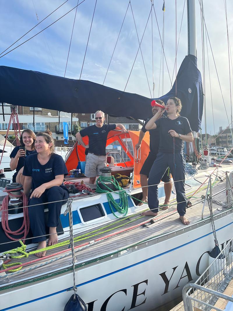 McIntyre OCEAN GLOBE 2023 – Sterna SA (42) Melissa Du Toit welcomes Evrika FR (07) to the marina. She fully intends to continue being in the marinas of Cape Town, Auckland and Punta del Este before the other entrants photo copyright OGR 2023 taken at  and featuring the Ocean Globe Race class