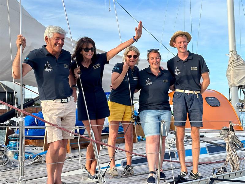 McIntyre OCEAN GLOBE 2023 – Crew of Evrika FR (07) all smiles on arrival photo copyright Elaine Greenwood OGR 2023 taken at  and featuring the Ocean Globe Race class