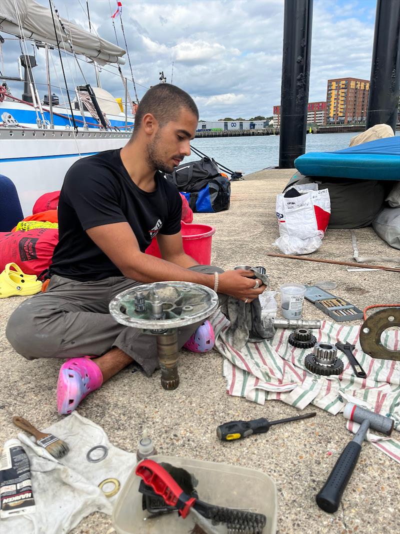 Another 8 winches to go for White Shadow ES crew member Tom Dhyser. He's having fun, really! The White Shadow crew encompasses a rich blend of nationalities – Spanish, French, Italian, Turkish, Argentine, Belgian, Colombian – spanning ages from 20 to 57 - photo © Jacqueline Kavanagh / OGR2023