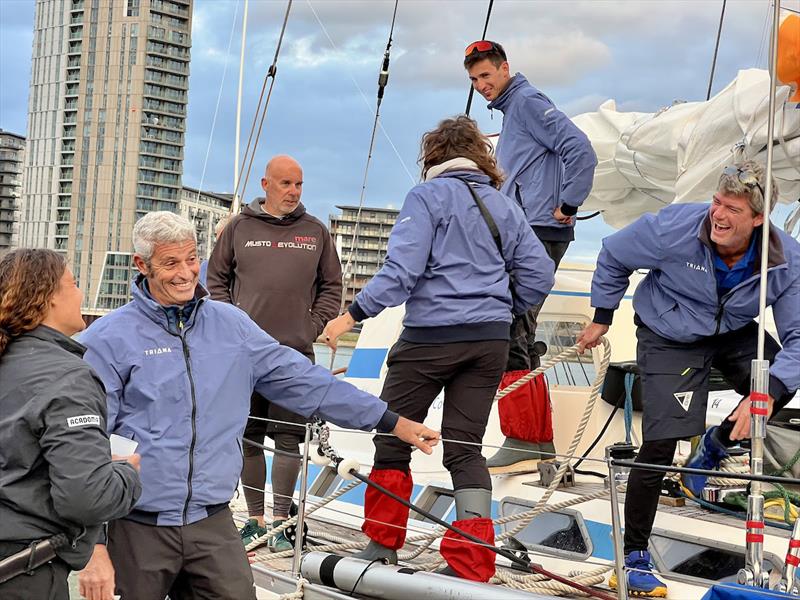 Aboard Triana, an experienced crew led by Jean d'Arthuys and Sebastien Audigane, boasting six world circumnavigations and several Jules Verne trophies, are pictured here upon arrival in Southampton, with Marie Tabarly assisting them with their docking - photo © Aïda Valceanu / OGR2023