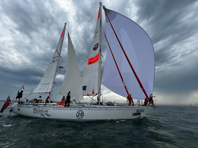 McIntyre Ocean Globe 2023 – Captain Coconut and his crew on Explorer AU (28) crosses the line first!! One of two Australian, we could see a little internal race between Explorer and Outlaw AU (08) photo copyright Aida Valceanu / OGR2023 taken at  and featuring the Ocean Globe Race class