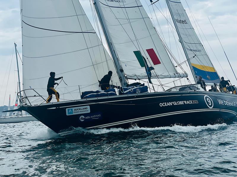 McIntyre Ocean Globe 2023 – Translated 9 IT (09) taking an early lead at sunset. The only Italian entrant, she sailed in the 1977 Whitbread, as ADC Accutrac - photo © Aida Valceanu / OGR2023