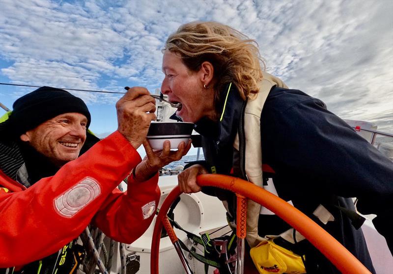 Ocean Globe Race - Keeping up with the fleet means no time to feed yourself! Patrick ensuring Minke and the crew are fully fuelled up onboard Explorer - photo © Team Explorer / OGR