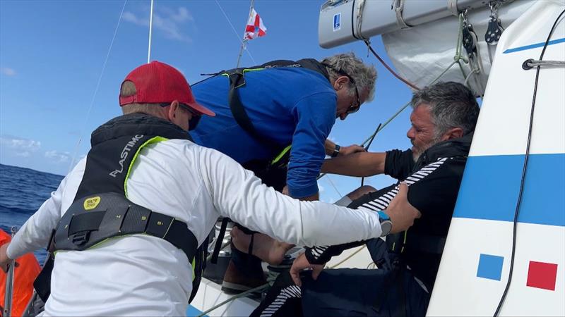 Captain of Triana, Jean d'Arthuys, considered transferring Stéphane Raguenes to a passing cargo ship, picking up a doctor from another OGR entrant Neptune, diverting to Portugal or Las Palmas before opting for a medivac - photo © Margault Demasles / Team Triana / OGR2023
