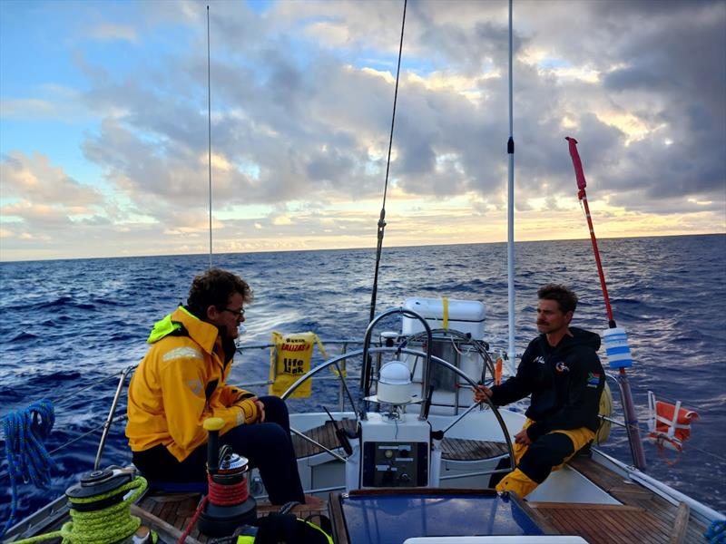 McIntyre Ocean Globe Race 2023 - Found the trades. Long may it last. Running with the A3, staysail and full main, report Sterna. Skipper Rufus and Gerrit putting the world to rights - photo © Team Sterna / OGR2023