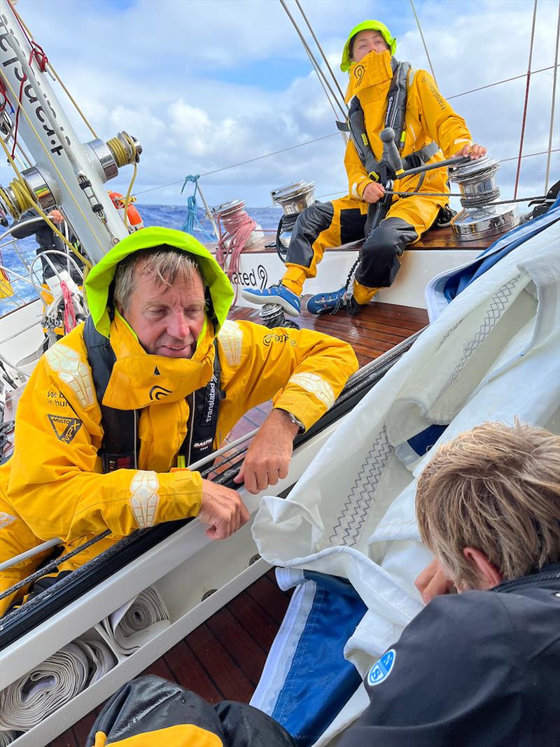 McIntyre Ocean Globe Race 2023 – Former Golden Globe Race skipper Simon Curwen will be used to long, hard, wet days of upwind sailing and no doubt encouraging the others onboard Translated 9 IT (09) photo copyright Translated 9 / OGR 2023 taken at  and featuring the Ocean Globe Race class