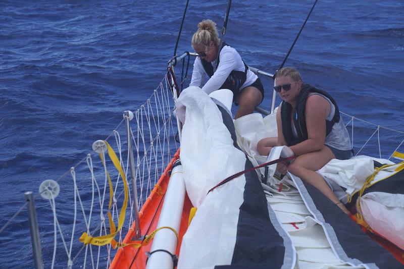McIntyre Ocean Globe Race 2023 – “A day without laughter is a day wasted.” tweeted Maiden. Wonder did they remember this when removing their main sail for repairs? photo copyright Team Maiden / OGR2023 taken at  and featuring the Ocean Globe Race class