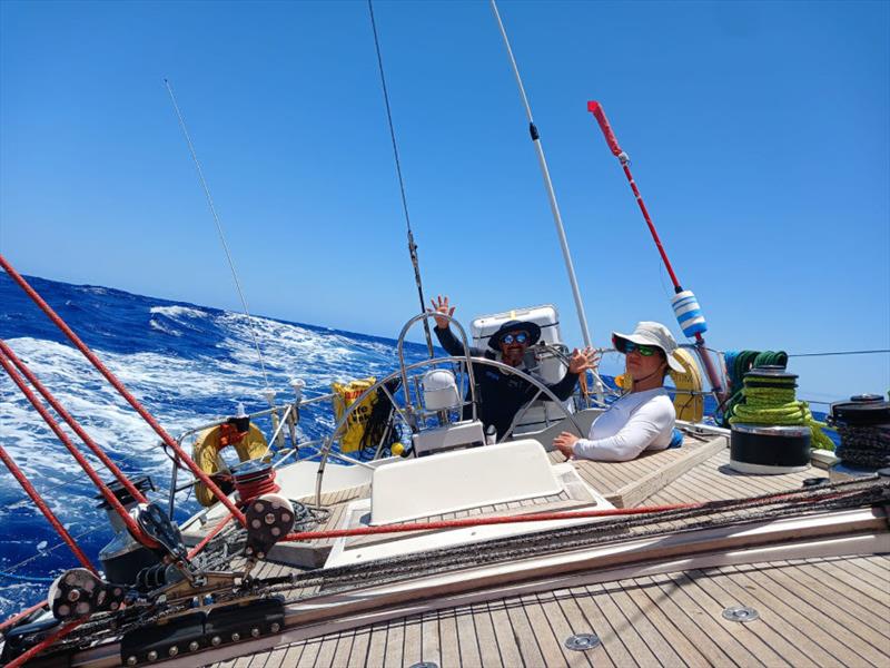 South African skipper Rufus showing off his no hands helming skills. McIntyre OCEAN GLOBE 2023 photo copyright OGR2023 / Sterna All Spice Yachting taken at  and featuring the Ocean Globe Race class