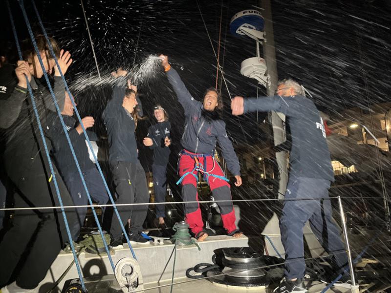 Champagne celebrations for Pen Duick VI after taking second spot photo copyright OGR2023 / Jacqueline Kavanagh taken at  and featuring the Ocean Globe Race class