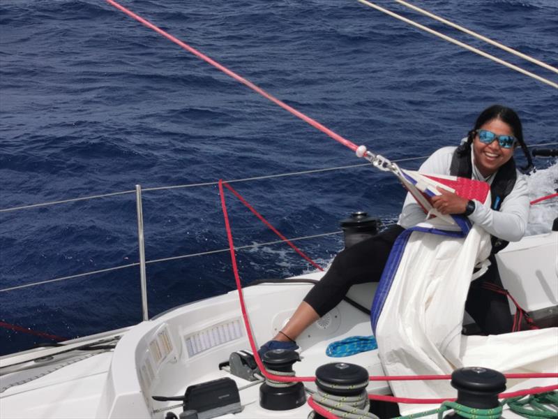 Payal at the end of a spinnaker change on Maiden during leg 1 of the Ocean Globe Race photo copyright Maiden / OGR2023 taken at  and featuring the Ocean Globe Race class