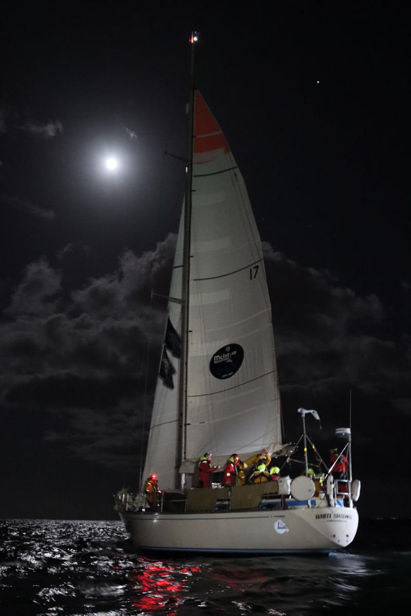 A dramatic nighttime arrival for the Spanish entrant White Shadow, whose tweets kept everyone entertained photo copyright OGR2023 / Marco Ausderau taken at  and featuring the Ocean Globe Race class