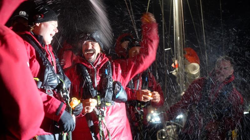 After a very impressive docking, the crew of Galiana WithSecure still have plenty of energy to party! photo copyright OGR2023 / Rob Havill taken at  and featuring the Ocean Globe Race class