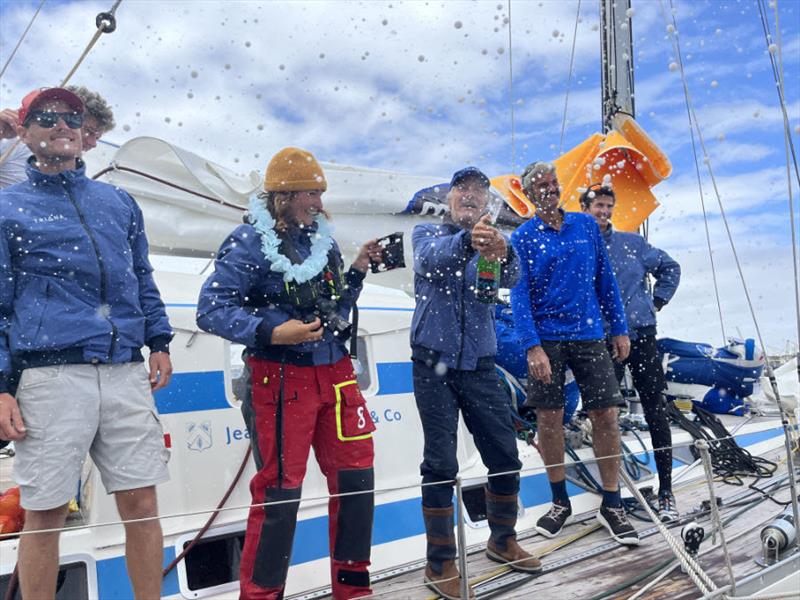 Wine maker Jean d'Arthuys showing what he thinks of the OGR Champagne! photo copyright OGR2023 / Jacqueline Kavanagh taken at  and featuring the Ocean Globe Race class