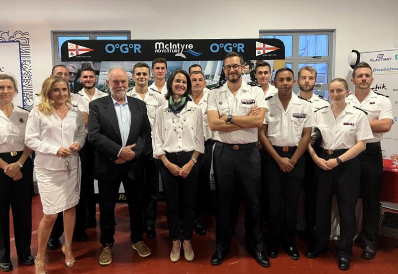 Sophie Bel, Consul General of France, Don McIntyre Founder of the OGR, Commandant Francois Xavier Poisson, Aida Valceanu and crew of the French frigate spend an enjoyable evening swapping sailors' tales - 2023 Ocean Globe Race - photo © OGR2023 / Jacqueline Kavanagh