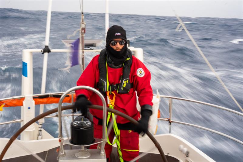 A determined look and some serious weather gear are no doubt helping propel Triana forward in the rankings photo copyright OGR2023 / Triana / Margault Demasles taken at  and featuring the Ocean Globe Race class