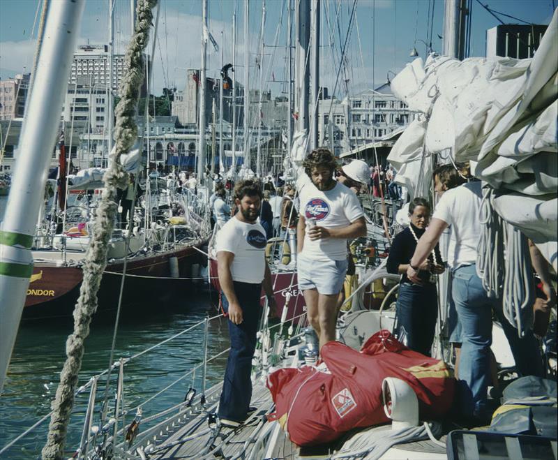 Former ADC Accutrac crew, Fred Dovaston, Tony Bertram, Clare Francis (skipper), Robin Buchanan, Bumble the cook taking time out in Auckland in 1977 photo copyright Nick Milligan taken at  and featuring the Ocean Globe Race class