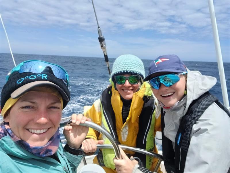 Brittany, Ebru and Aurora clearly delighted that Sterna are back on track to Auckland - photo © OGR2023 / Sterna / All Spice Yachting