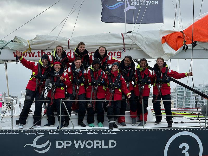 A happy crew arriving into Auckland having been welcomed in by Steinlager 2 and Lion New Zealand photo copyright OGR2023 / Aida Valceanu taken at  and featuring the Ocean Globe Race class