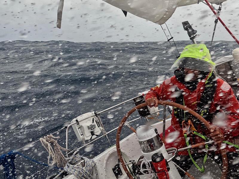 Patrick Bodiou battling the helm in 50 kt seas on Explorer - photo © OGR2023 / Explorer
