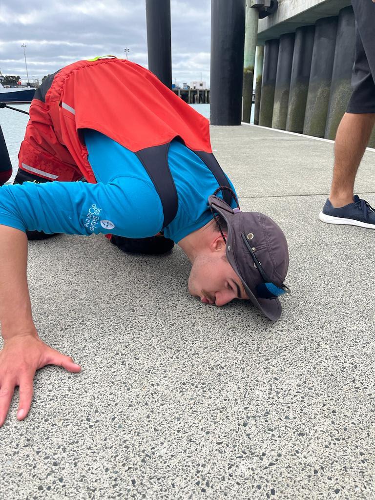 The tradition of kissing the ground of arrival for Mathias doesn't seem to be spreading throughout the fleet, yet photo copyright OGR2023 / Jacqueline Kavanagh taken at  and featuring the Ocean Globe Race class
