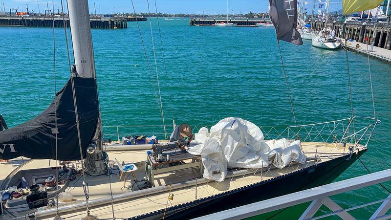 Sail repairs on the foredeck of Pen Duick VI - Ocean Globe Race - Auckland - January 2024 - photo © Richard Gladwell - Sail-World.com/nz