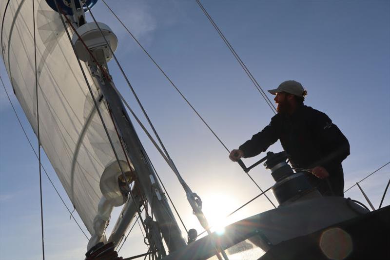 First Mate on Pen Duick VI Tom Napper ensuring Maiden don't gain an inch photo copyright OGR2023 / Pen Duick VI taken at  and featuring the Ocean Globe Race class