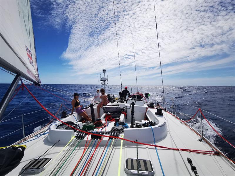 Racing - Maiden style. With Pen Duick VI within spitting distance every move counts and boy does that put the pressure on - despite the crew not looking under too much pressure here! photo copyright OGR2023 / Maiden taken at  and featuring the Ocean Globe Race class