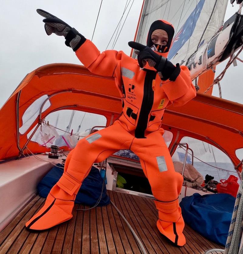 Catheryne gets into the groove while testing her immersion suit on Explorer - photo © Explorer / OGR2023-24