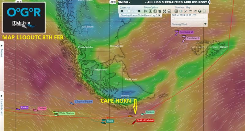 The fleet's position 11:00UTC on Thursday, 8 February 2024 - photo © OGR2023