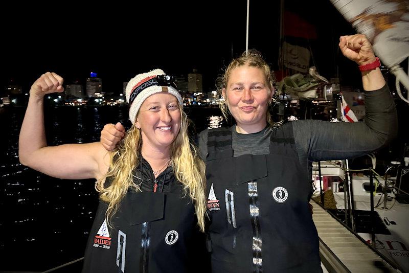 Skipper Heather Thomas and first mate Rachel Burgess - Maiden takes second place in leg 3 of the McIntyre Ocean Globe Race photo copyright The Maiden Factor taken at Yacht Club Punta del Este and featuring the Ocean Globe Race class