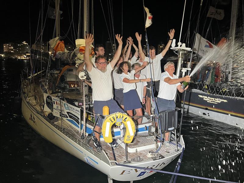 Team Evrika, France, was clearly thrilled to have finally arrived after a challenging last few days of light winds - Ocean Globe Race - photo © Don McIntyre / OGR2023
