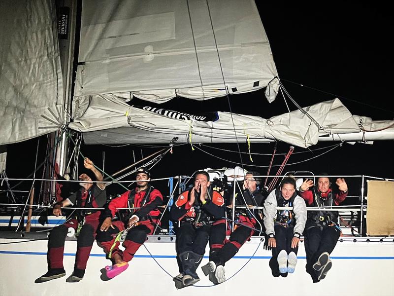 With a fully reefed mainsail the crew battled to cross the line – so the celebrations are well deserved - Ocean Globe Race - photo © OGR2023 / Jacqueline Kavanagh
